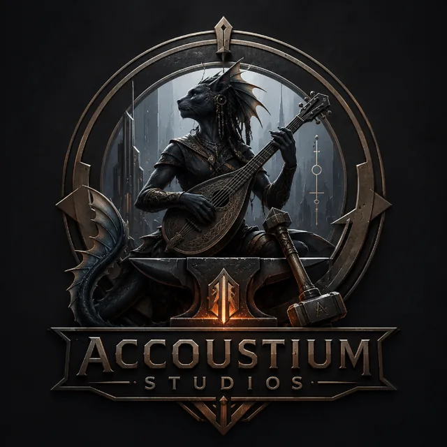 Accoustium Studios emblem — a horned figure forging at an anvil